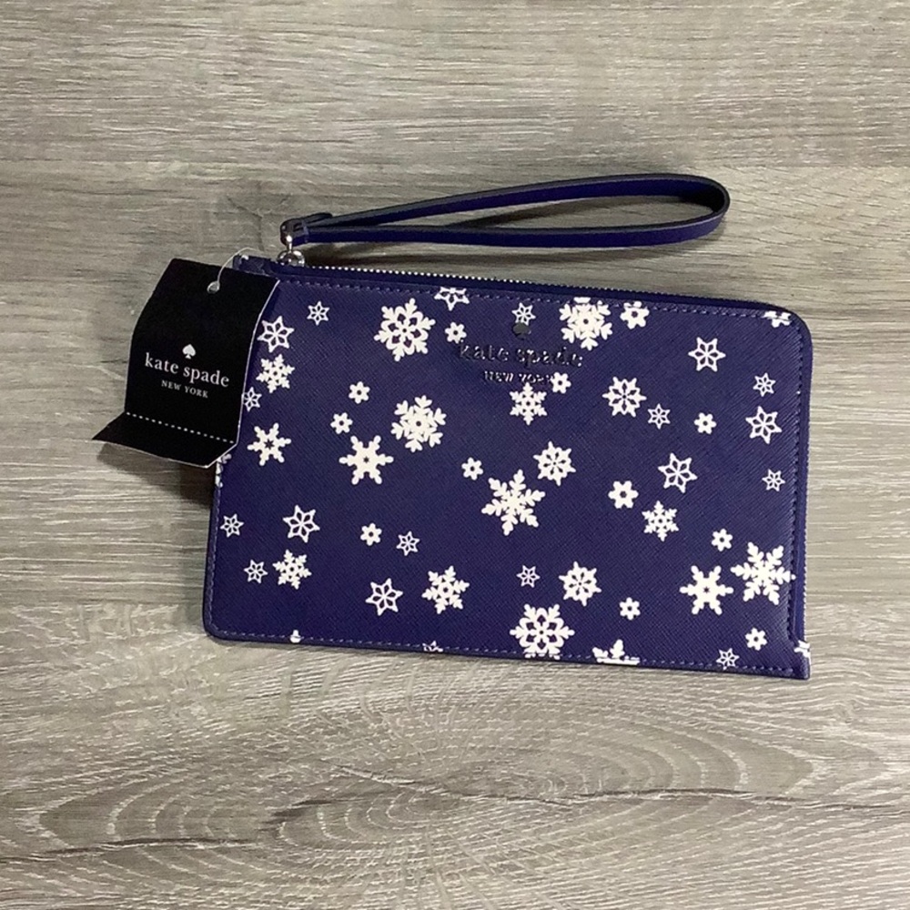 Kate Spade navy blue Snowflake toss wristlet